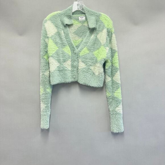 Cotton On argyle fluffy eyelash knit polo cropped cardigan in green Size Small - Picture 3 of 15